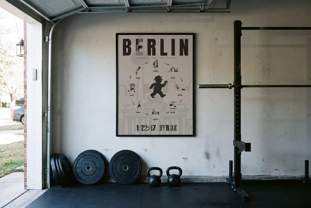 The Ink Berlin in a black frame in a garage gym