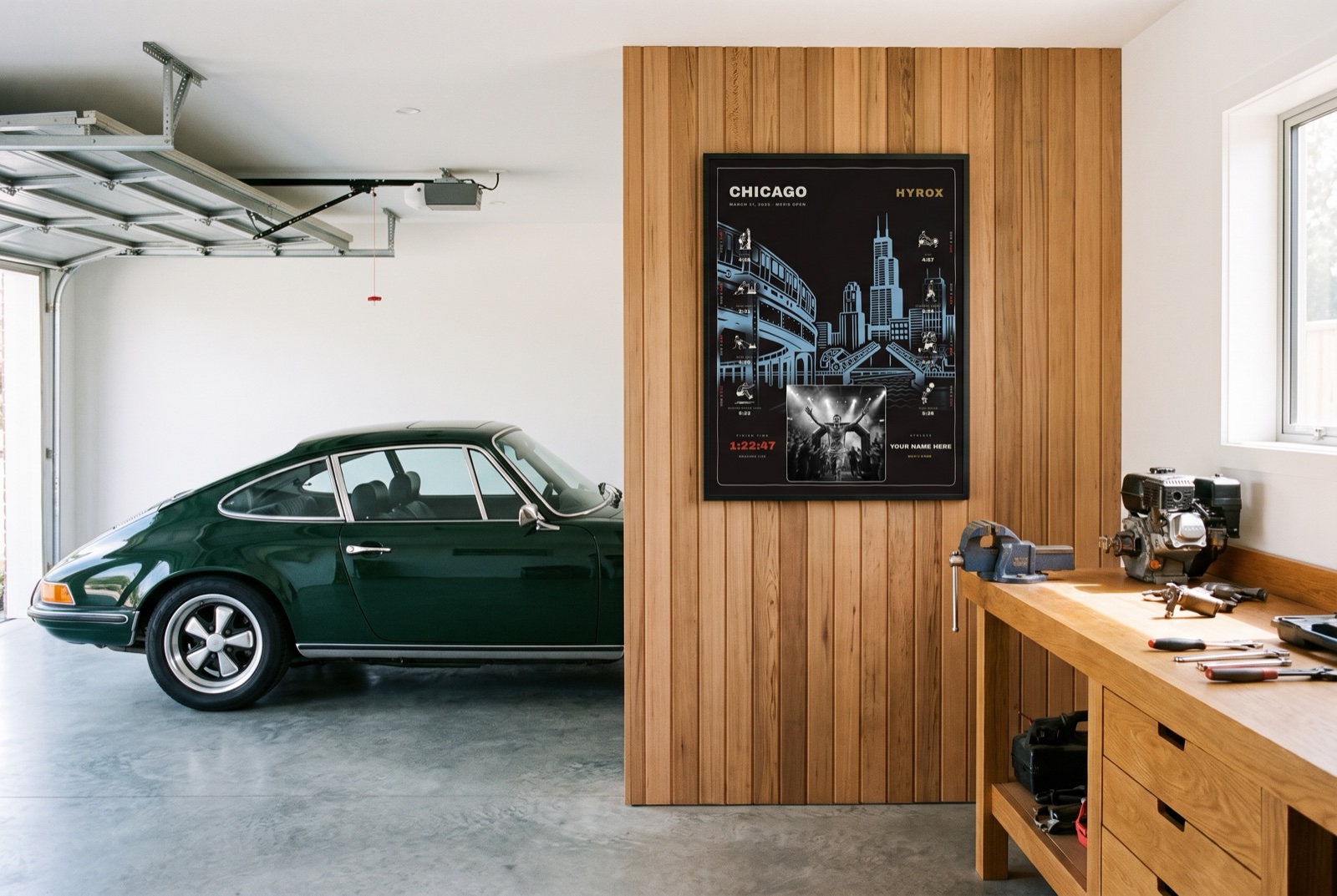 The Noir Chicago with race photo in a black frame in a collector's garage