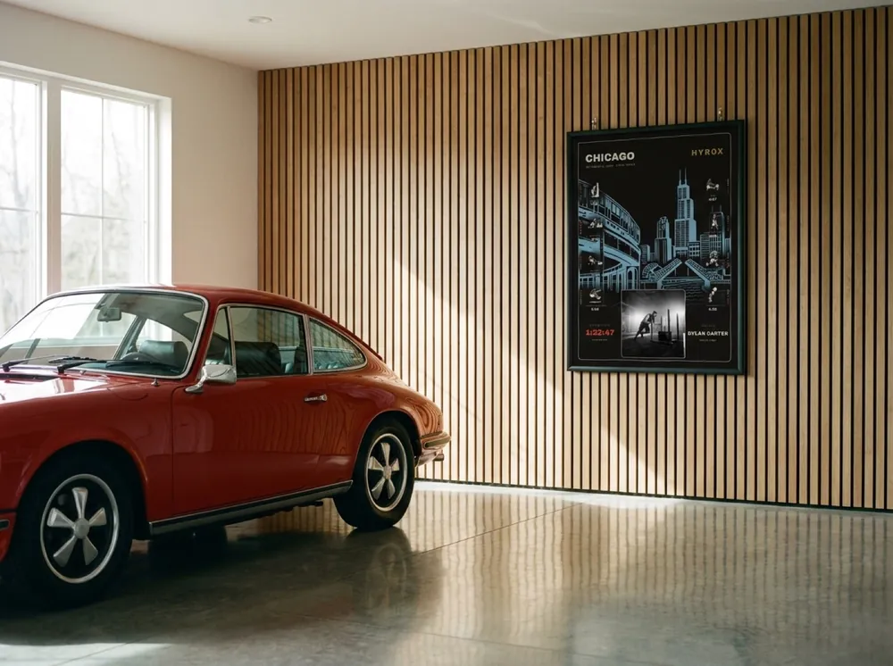 The Noir Chicago with race photo in a black frame in a collector's garage