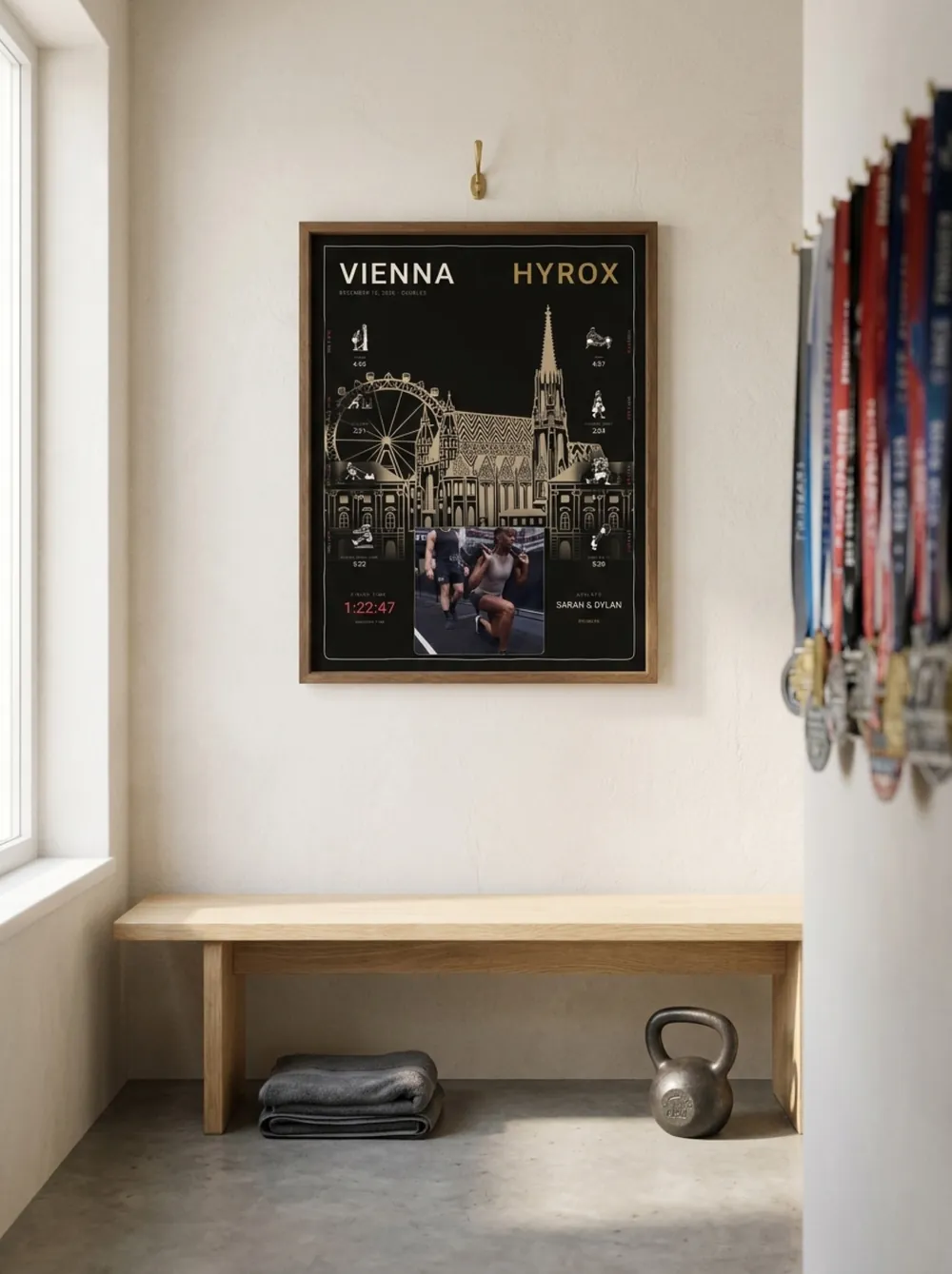 The Noir Vienna doubles edition with race photo in a walnut wood frame in a mud room with race medals on a rack