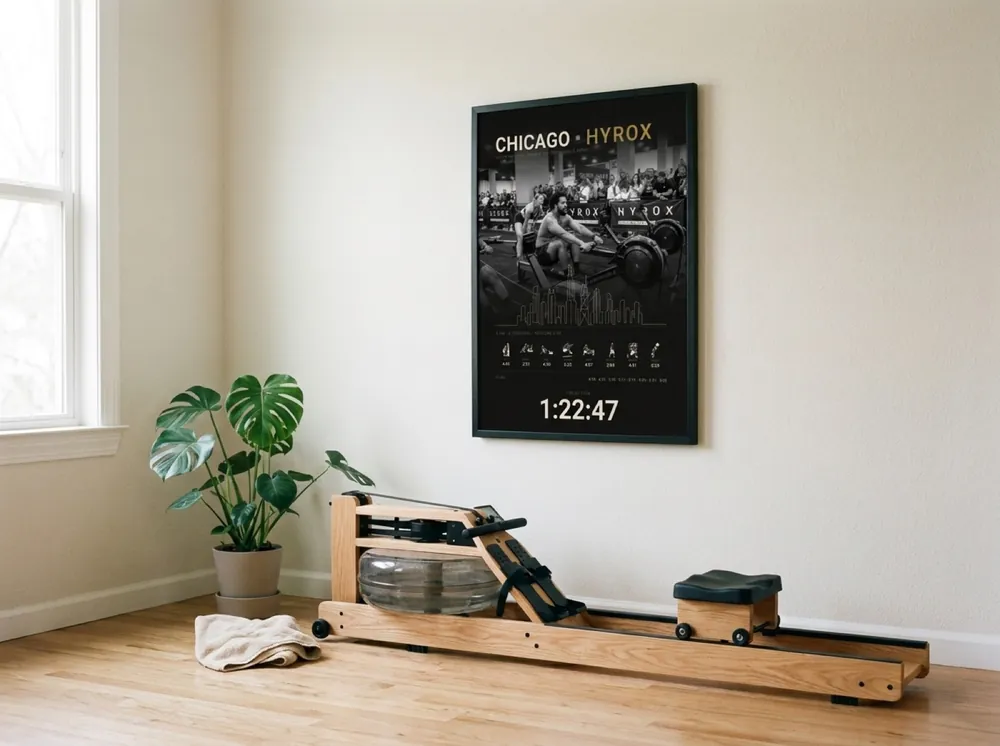 The Cityline Chicago with race photo in a black frame above a water rower