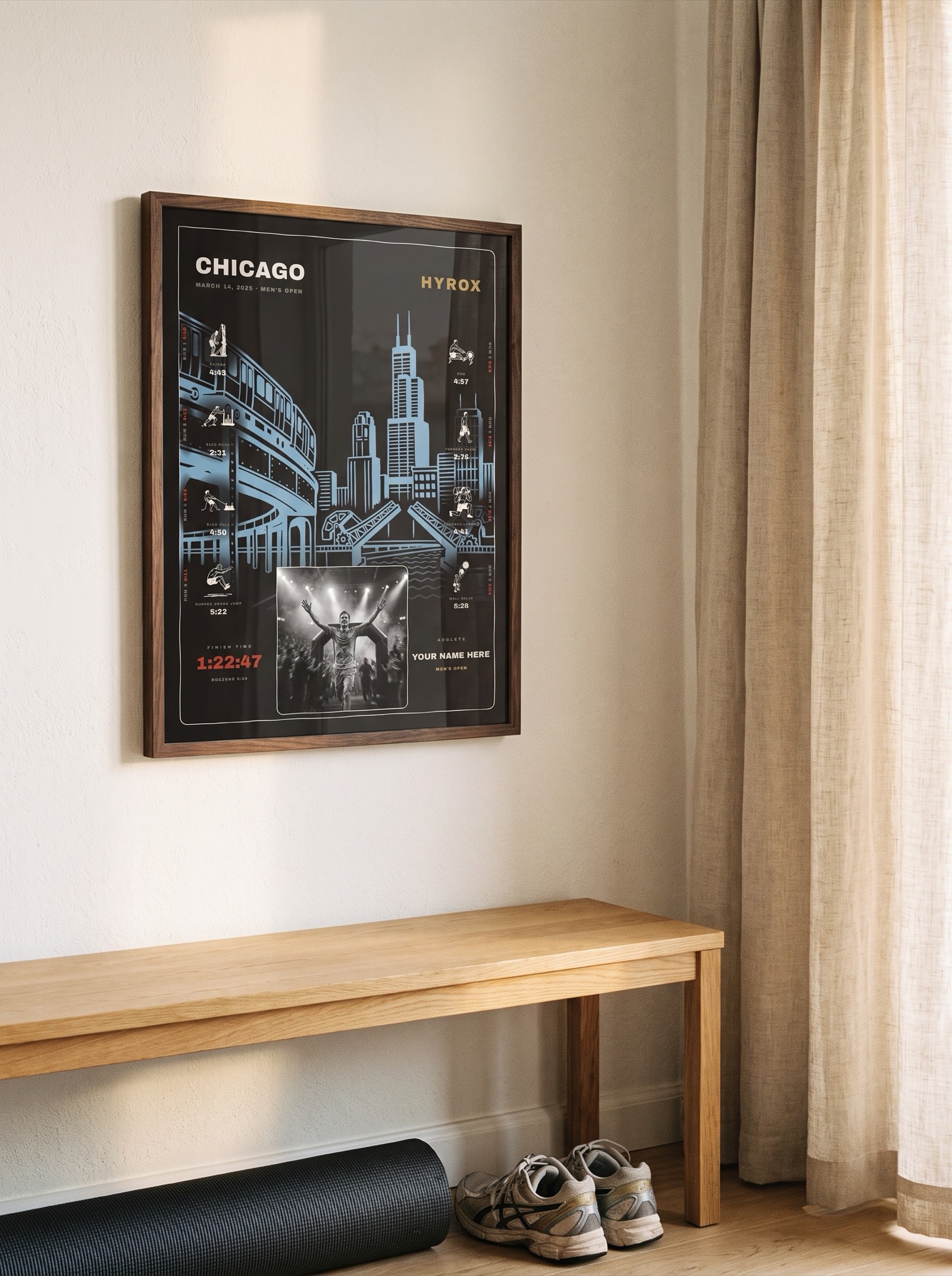 The Noir Chicago with race photo in a dark walnut wood frame above a bedroom bench