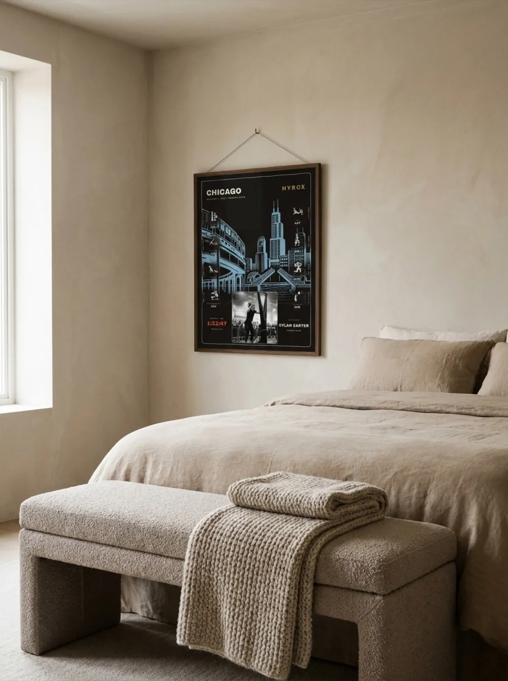 The Noir Chicago with race photo in a dark walnut wood frame above a bedroom bench