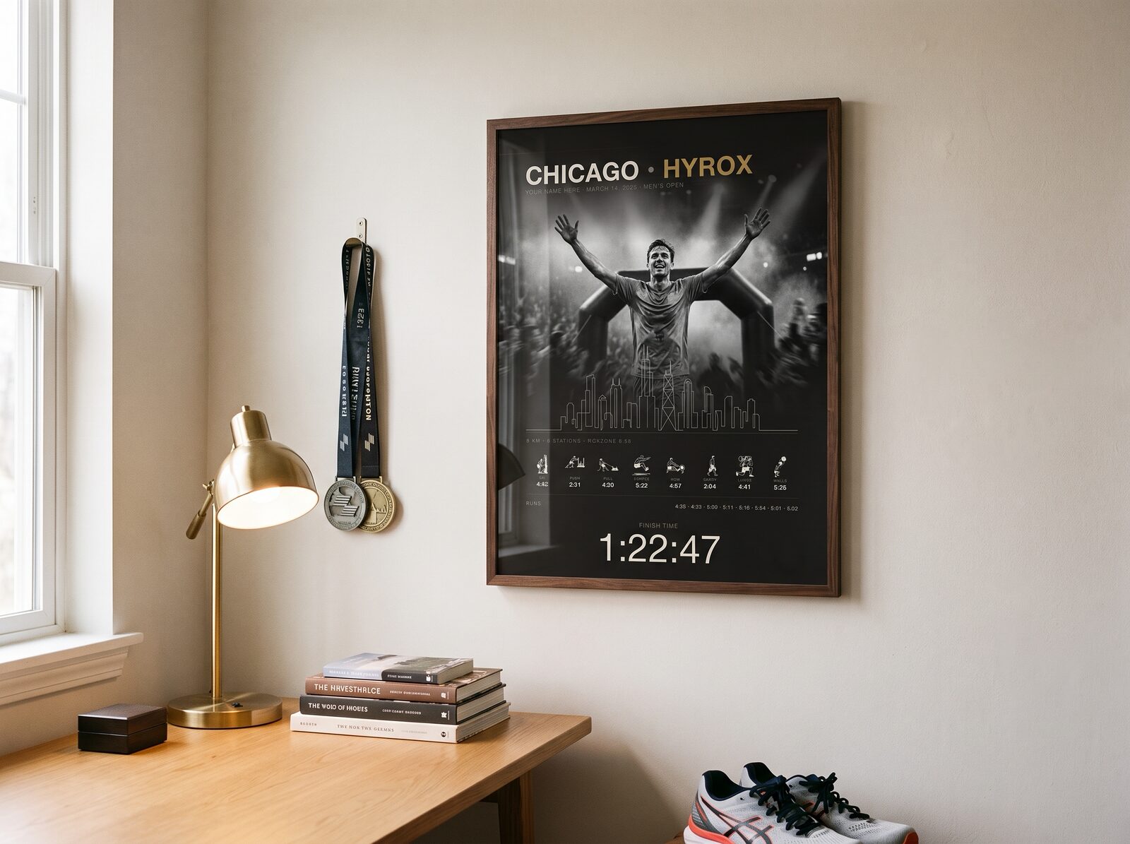 The Cityline Chicago with race photo in a dark walnut wood frame in a home study with finisher medals