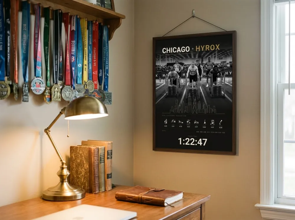 The Cityline Chicago with race photo in a dark walnut wood frame in a home study with finisher medals